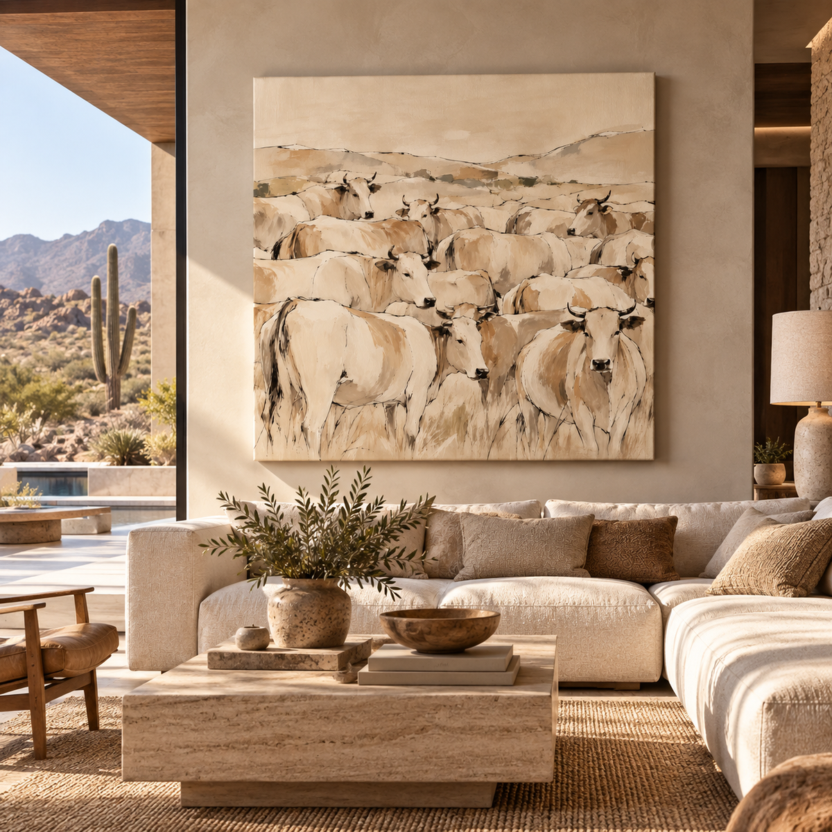 Cow Herd Wall Art – Neutral Cattle Canvas for Rustic Farmhouse Decor