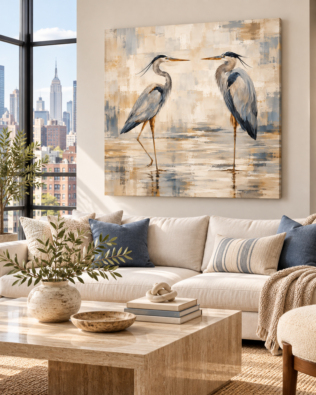 Blue Heron Pair Wall Art – Neutral Coastal Bird Canvas