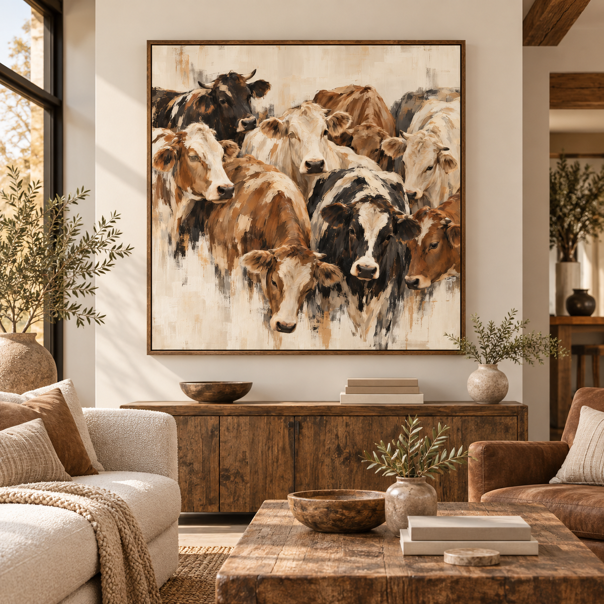Cow Herd Wall Art – Neutral Rustic Farmhouse Cattle Canvas