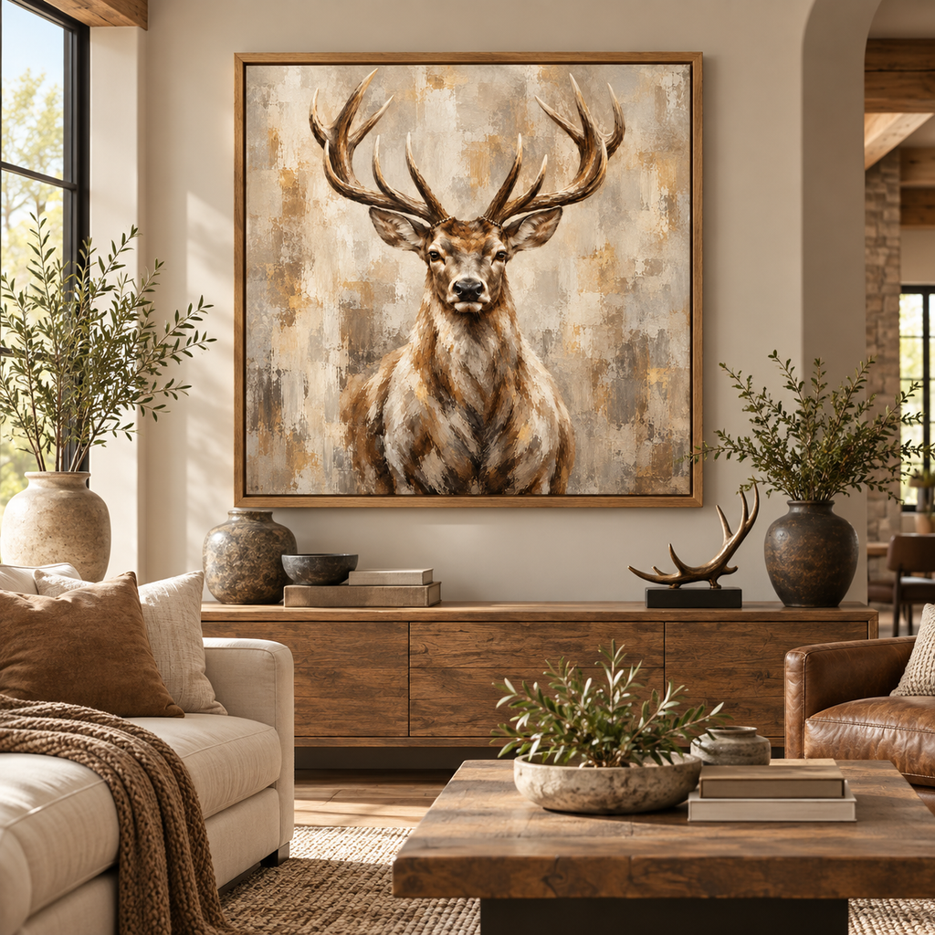 Stag Wall Art – Neutral Rustic Deer Canvas