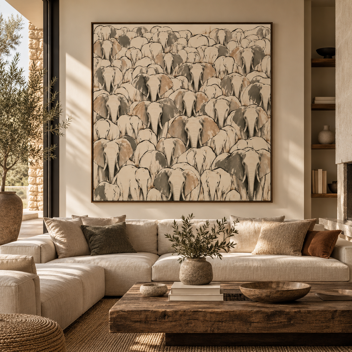 Elephant Herd Wall Art – Neutral African Wildlife Canvas- African Savanna