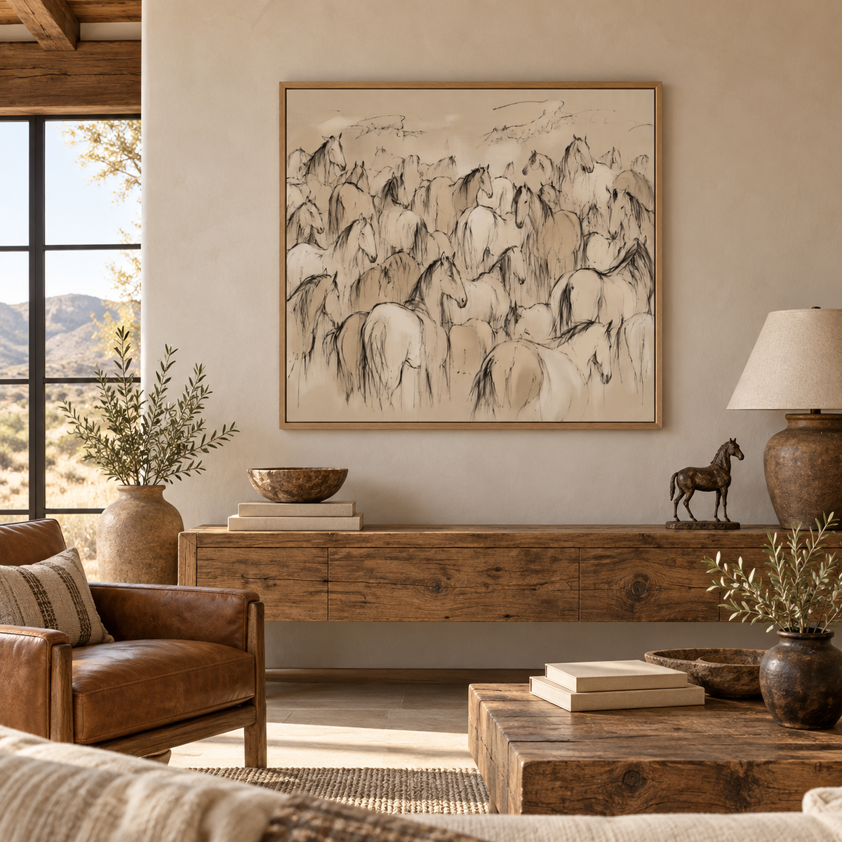 Charcoal Horse Wall Art – Neutral Equestrian Herd Canvas
