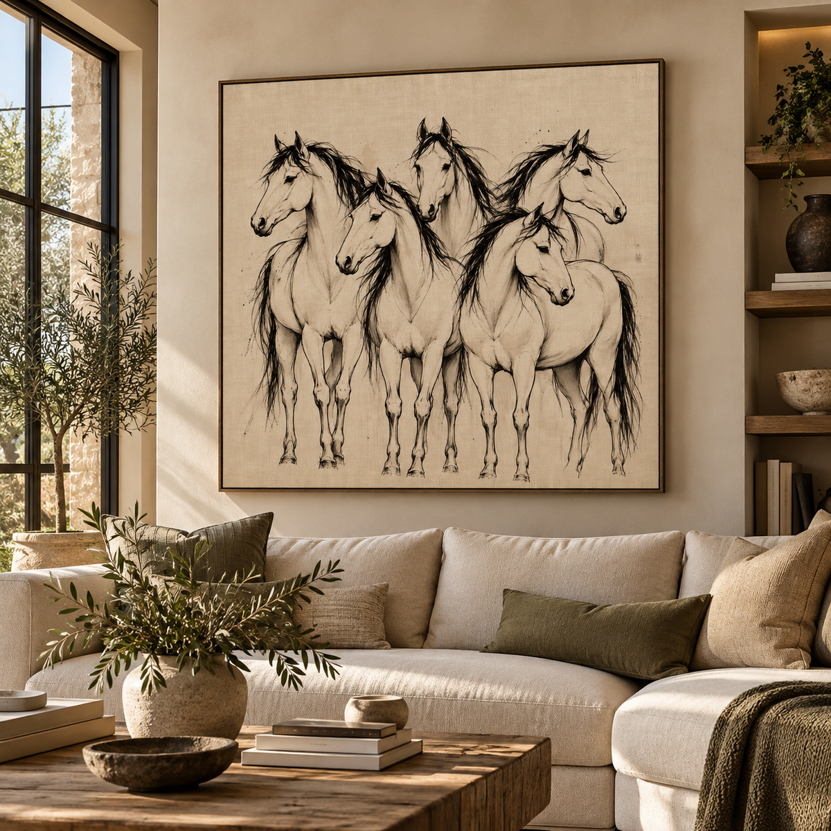 Horse Herd Wall Art – Neutral Equestrian Line Art Canvas