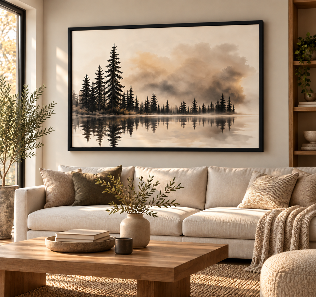 Misty Forest Wall Art – Neutral Lake Landscape Canvas Print