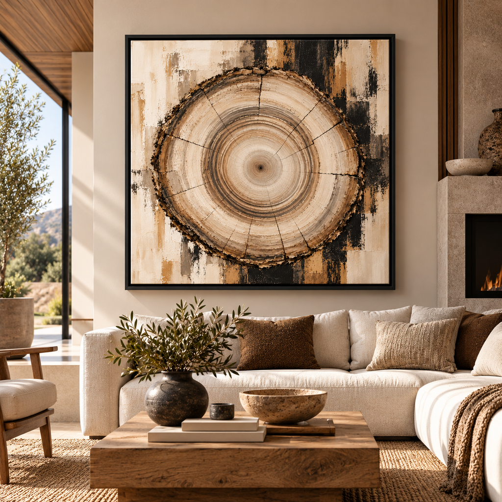 Tree Ring Wall Art – Neutral Abstract Wood Grain Canvas