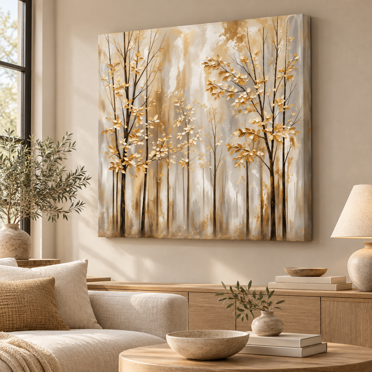 Golden Forest Wall Art – Neutral Abstract Trees Canvas Print
