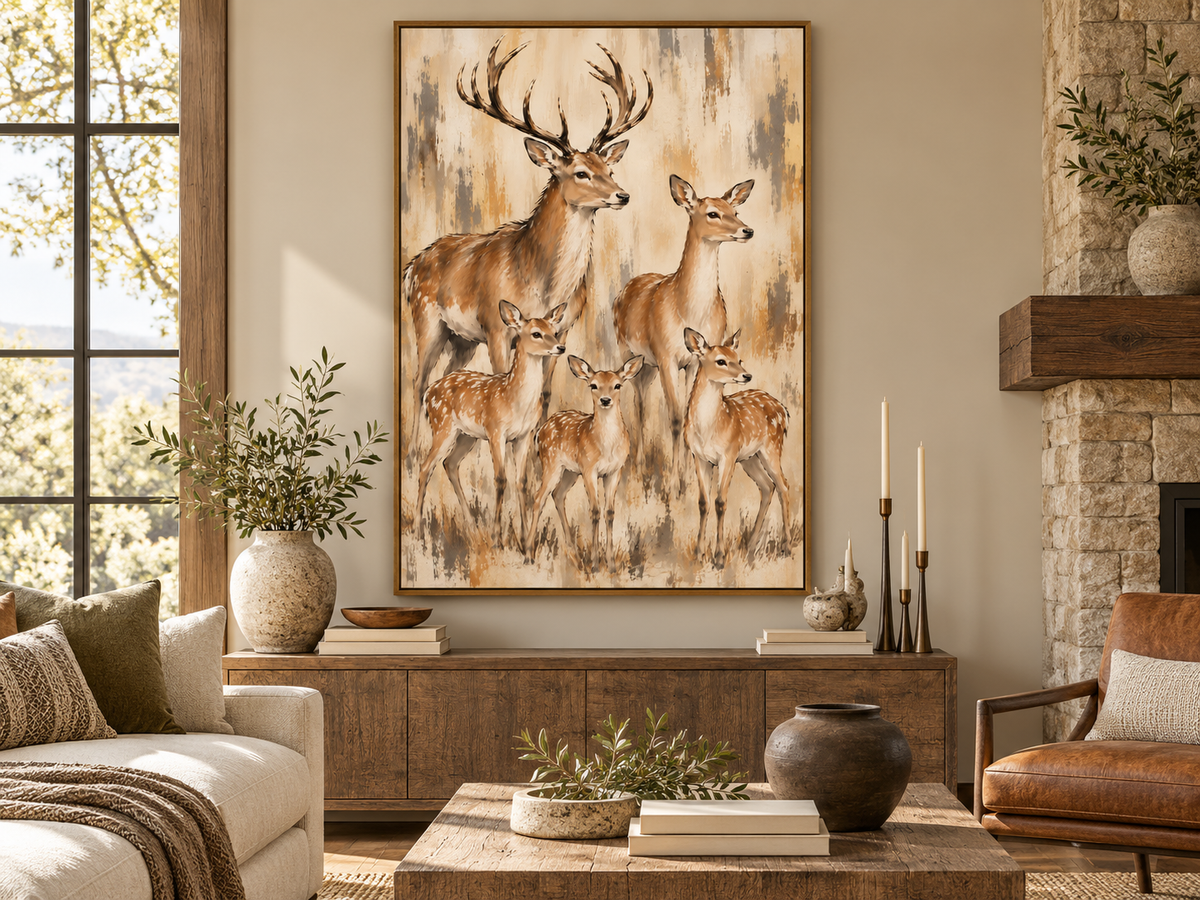 Deer Family Wall Art – Neutral Wildlife Canvas for Rustic & Farmhouse Decor