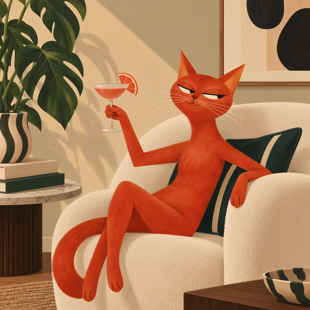 Orange Cat Cocktail Wall Art – Retro Mid Century Cat Canvas-'' I own this place''