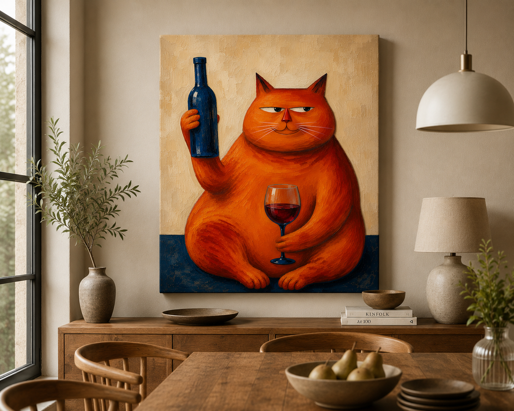 Orange Cat Wine Wall Art – Funny Vintage Cat Canvas for Kitchen & Home Bar-“I’ve had a long day, pour the wine”