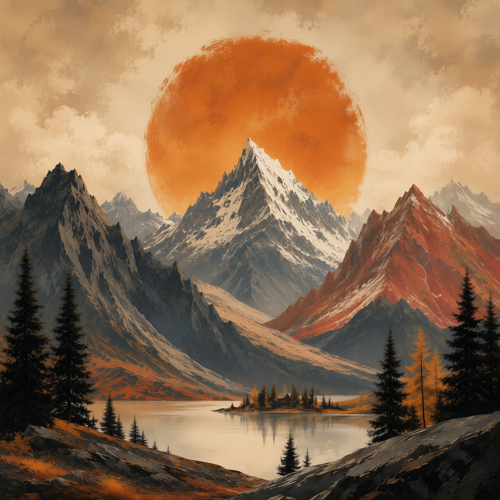 Orange Sun Mountain Landscape Canvas Wall Art – Vintage Alpine Nature Print