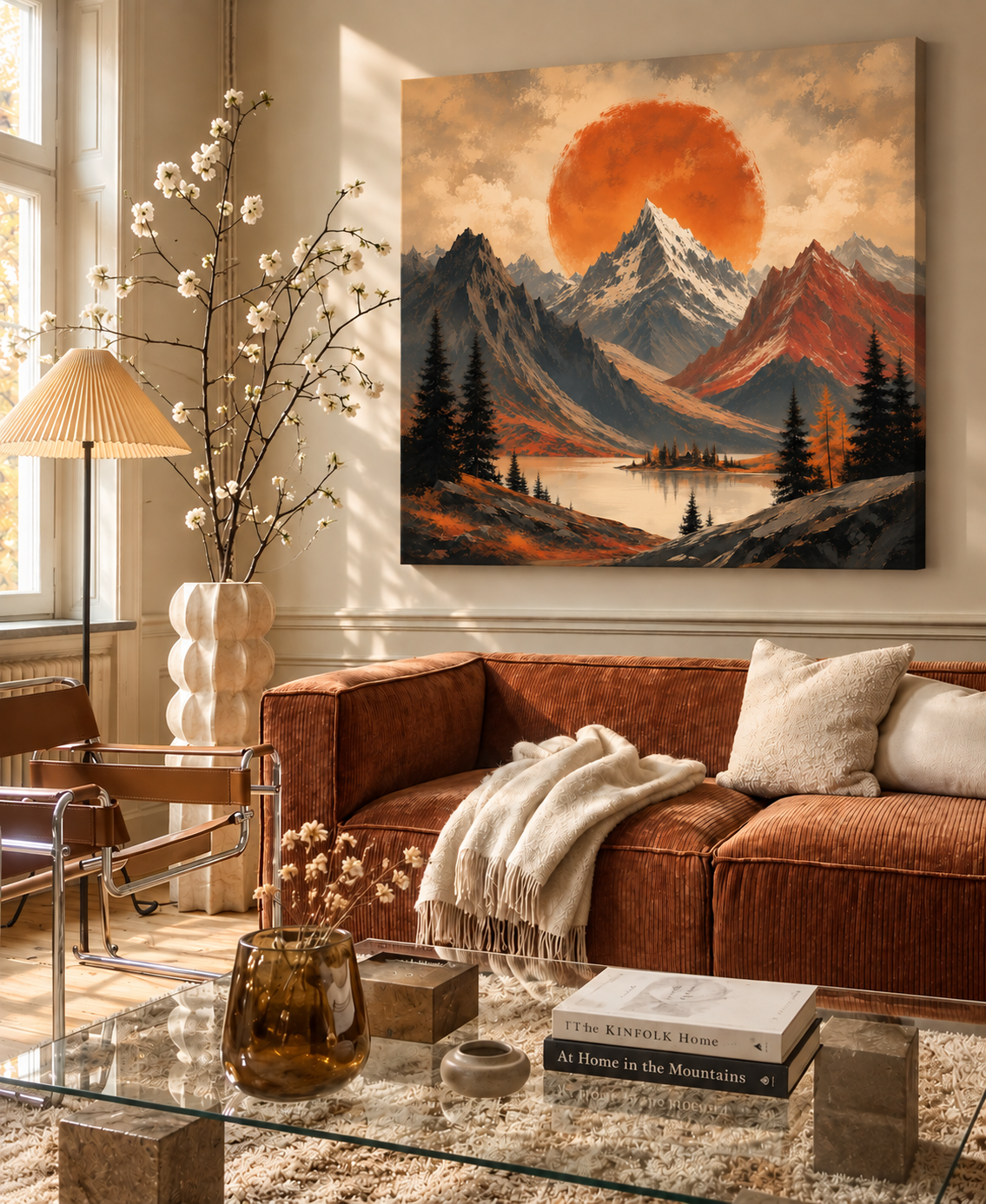 Orange Sun Mountain Landscape Canvas Wall Art – Vintage Alpine Nature Print