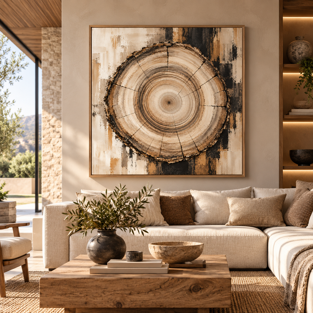 Tree Ring Wall Art – Neutral Abstract Wood Grain Canvas