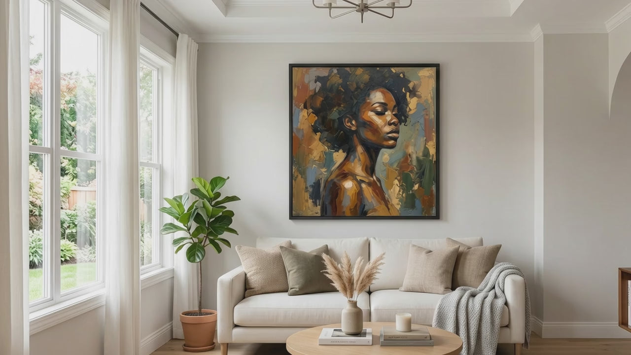 Modern Black Woman Abstract Canvas Wall Art – Neutral Minimal Portrait for Living Room Decor