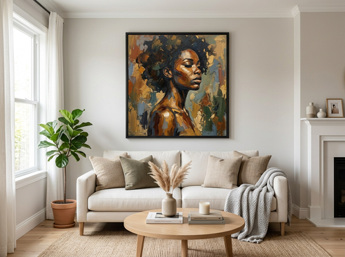 Modern abstract portrait canvas print in warm earth tones for living room or bedroom