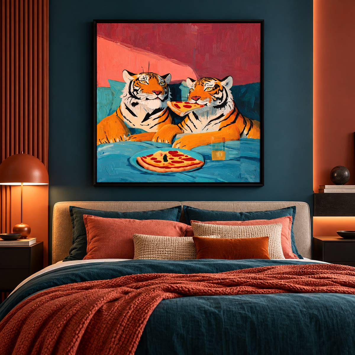 Funny Tiger Wall Art – Two Tigers Eating Pizza Canvas Print
