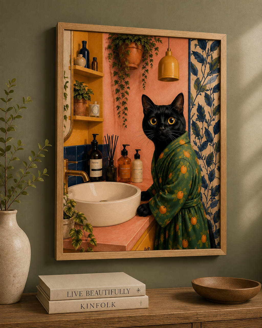 Black Cat Bathroom Wall Art – Quirky Vintage Cat Canvas Painting