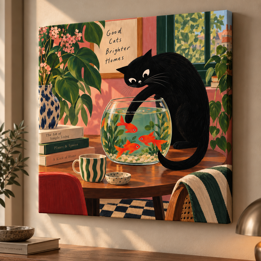 Black Cat and Goldfish Wall Art – Whimsical Cat Fishbowl Canvas-''Caught in the act''