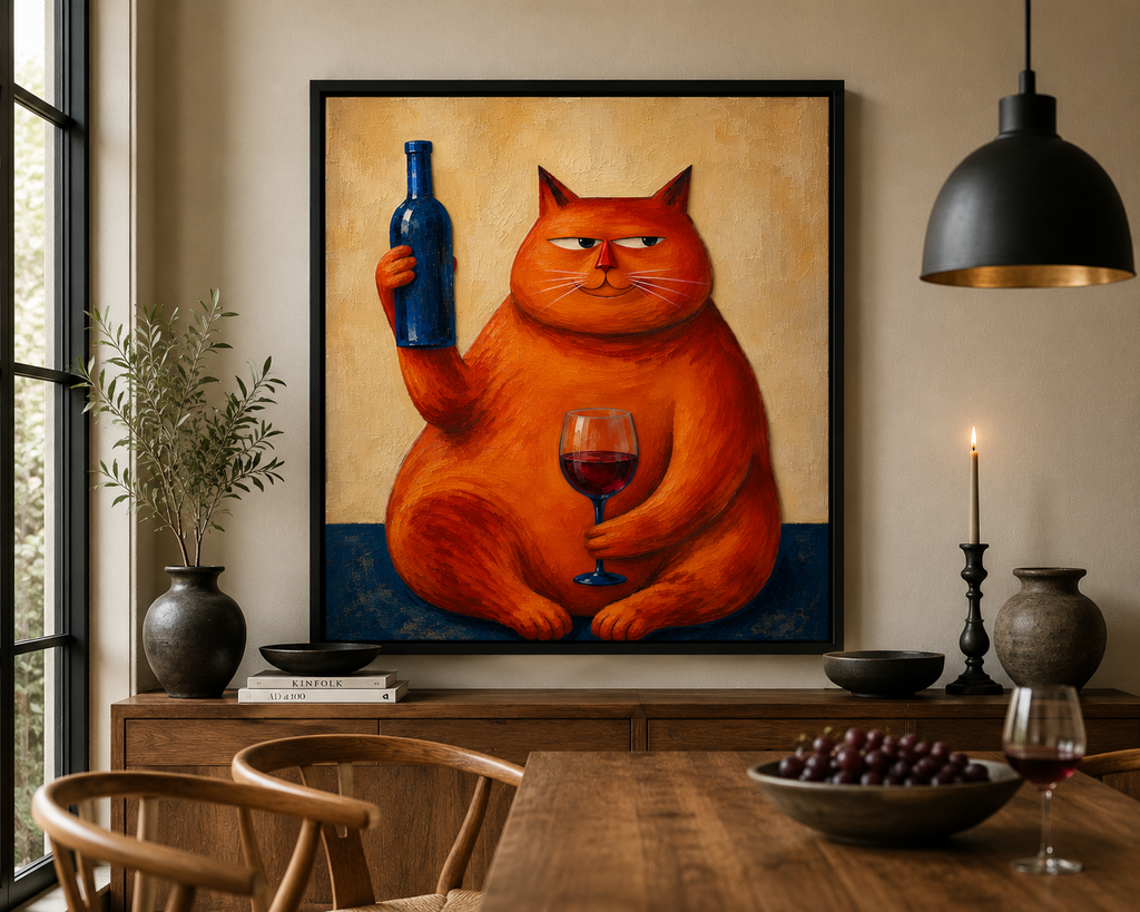 Orange Cat Wine Wall Art – Funny Vintage Cat Canvas for Kitchen & Home Bar-“I’ve had a long day, pour the wine”