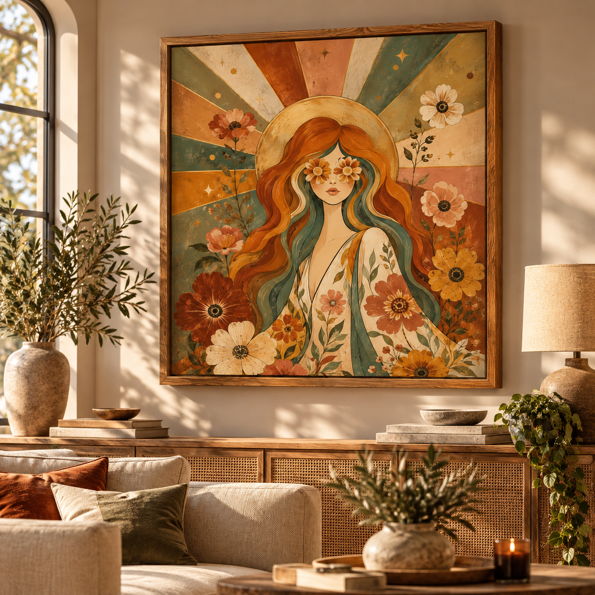 70s Floral Woman Canvas Wall Art – Retro Boho Portrait Print-Floral and Botanical Wall Art
