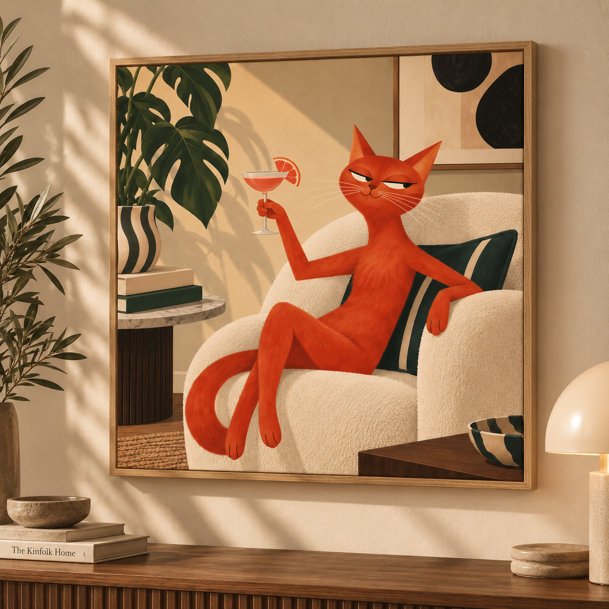 Orange Cat Cocktail Wall Art – Retro Mid Century Cat Canvas-'' I own this place''