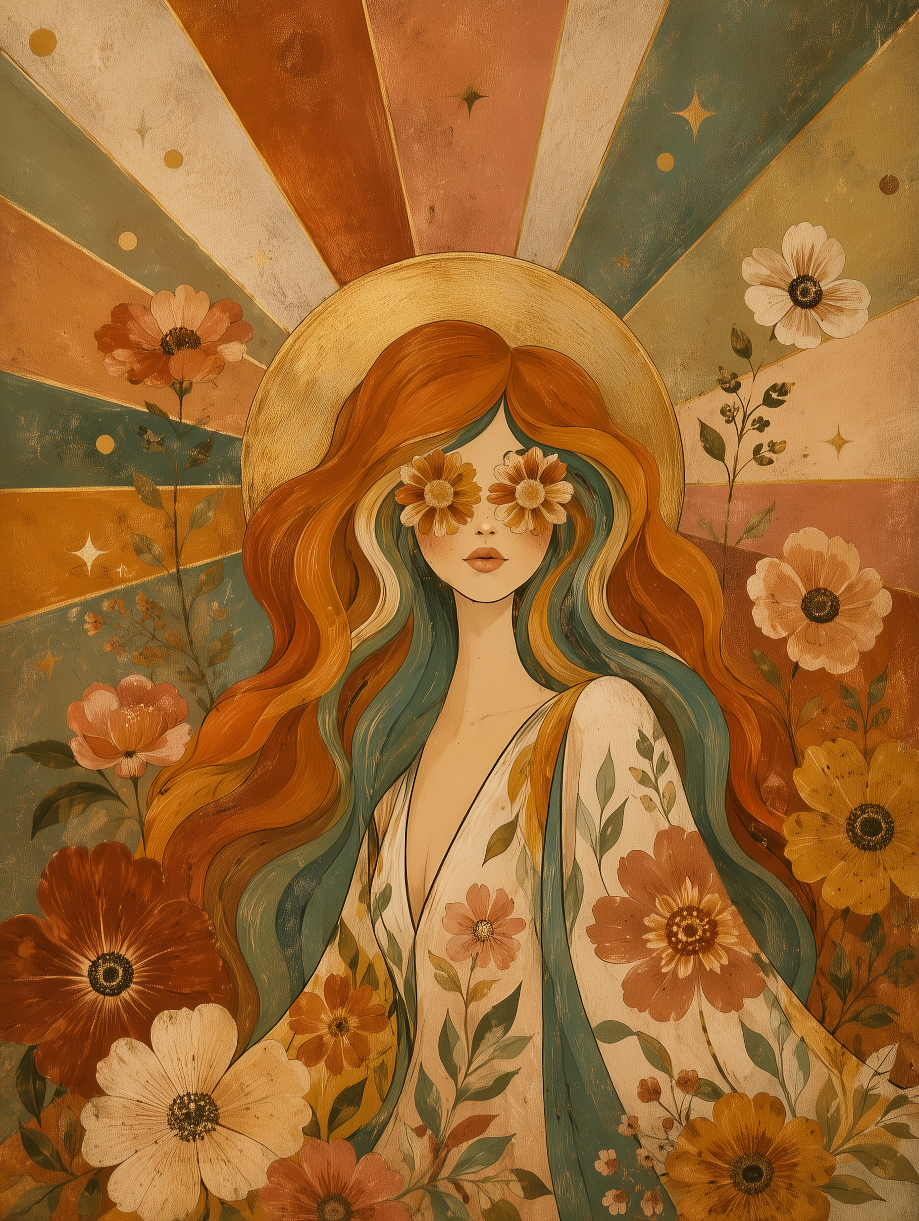 70s Floral Woman Canvas Wall Art – Retro Boho Portrait Print-Floral and Botanical Wall Art