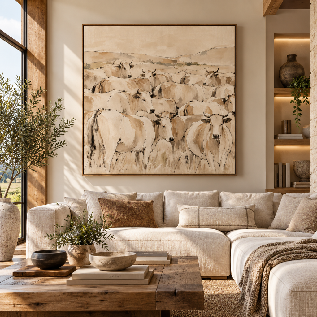 Cow Herd Wall Art – Neutral Cattle Canvas for Rustic Farmhouse Decor