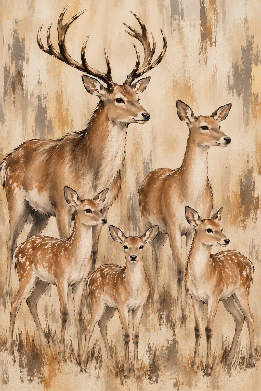 Deer Family Wall Art – Neutral Wildlife Canvas for Rustic & Farmhouse Decor