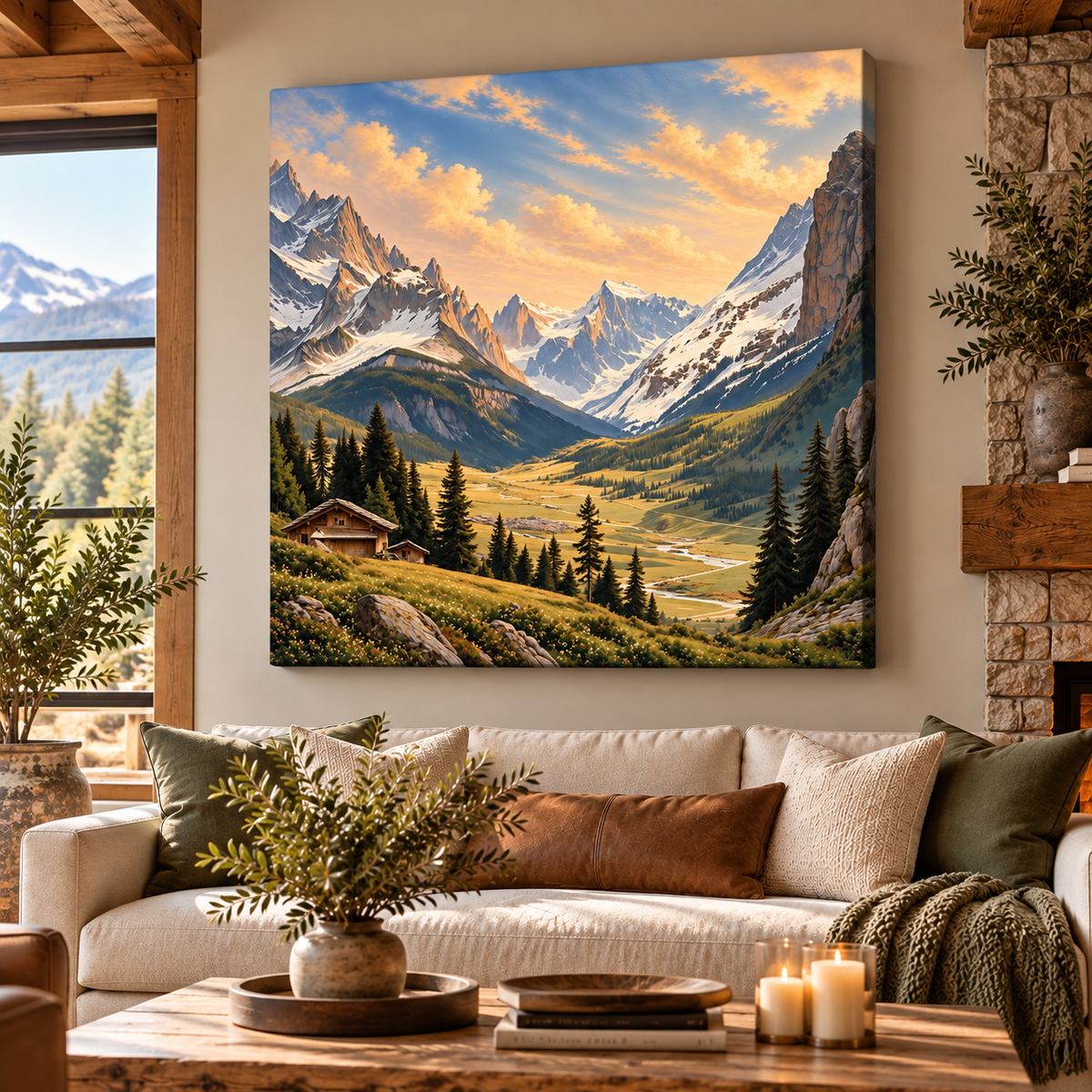 Alpine Mountain Wall Art – Snowy Peaks & Cabin Canvas Print