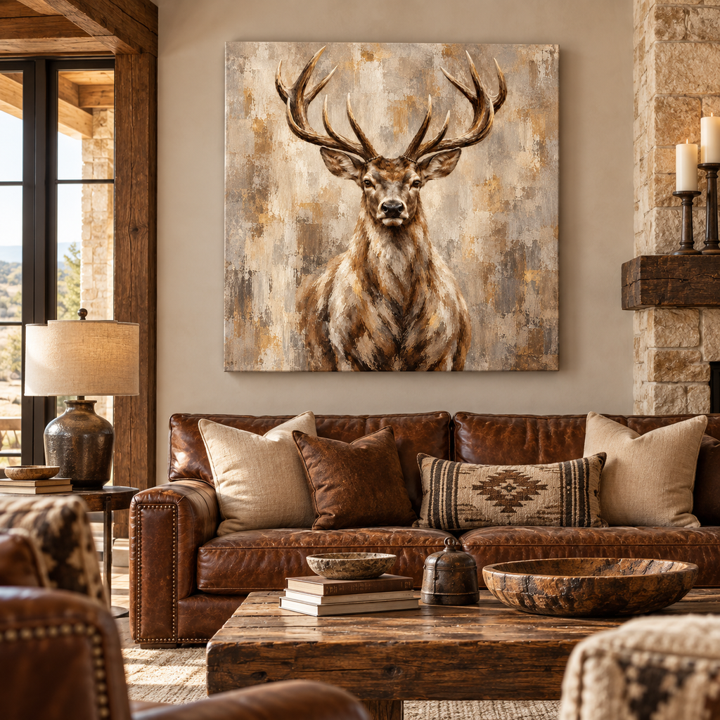 Stag Wall Art – Neutral Rustic Deer Canvas