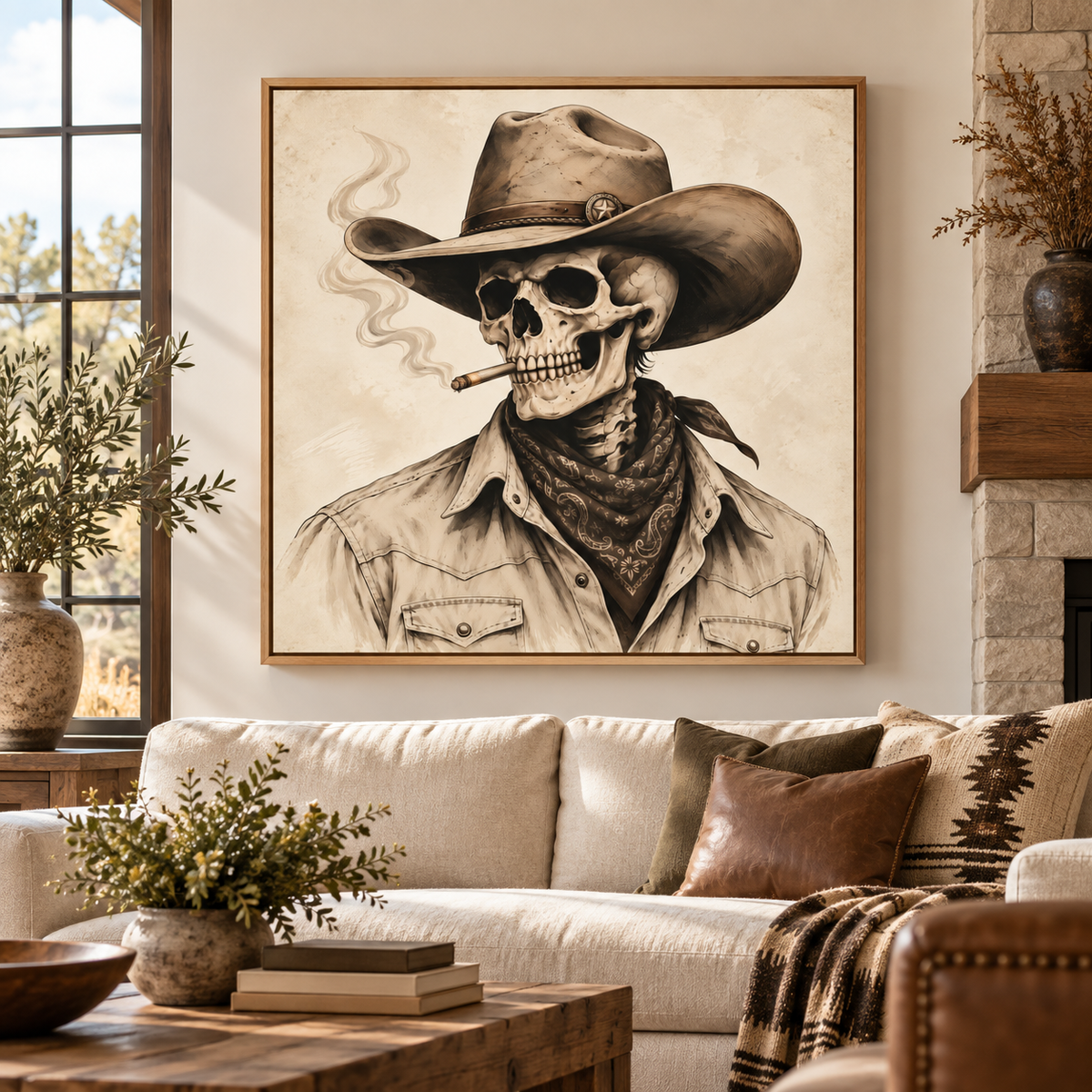 Skeleton Cowboy Wall Art – Vintage Western Skull Canvas