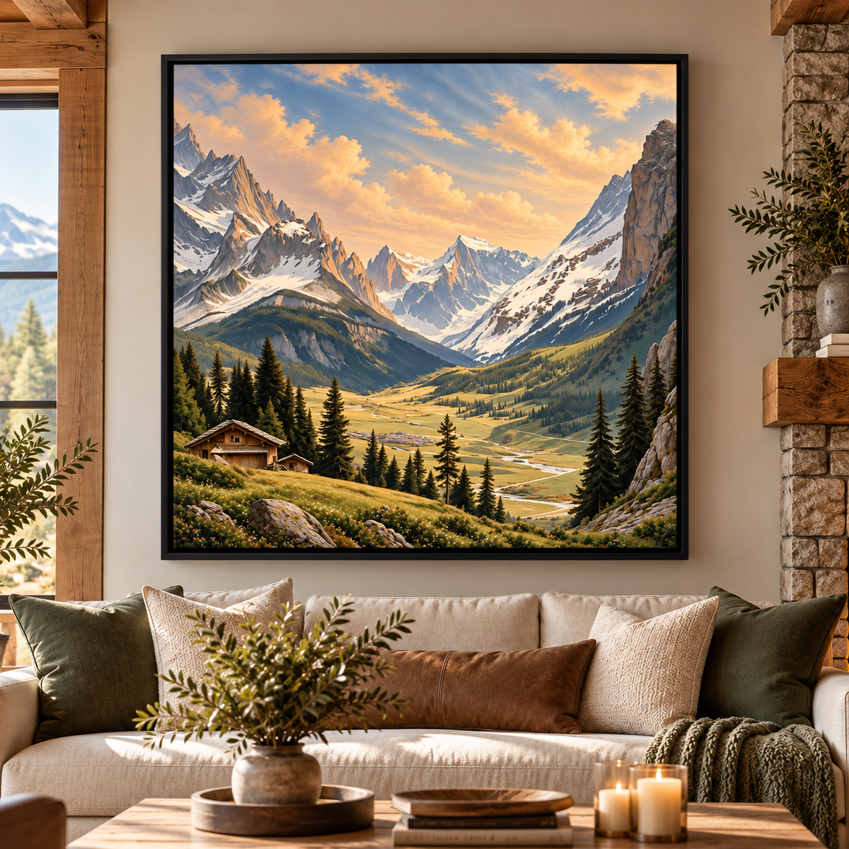 Alpine Mountain Wall Art – Snowy Peaks & Cabin Canvas Print