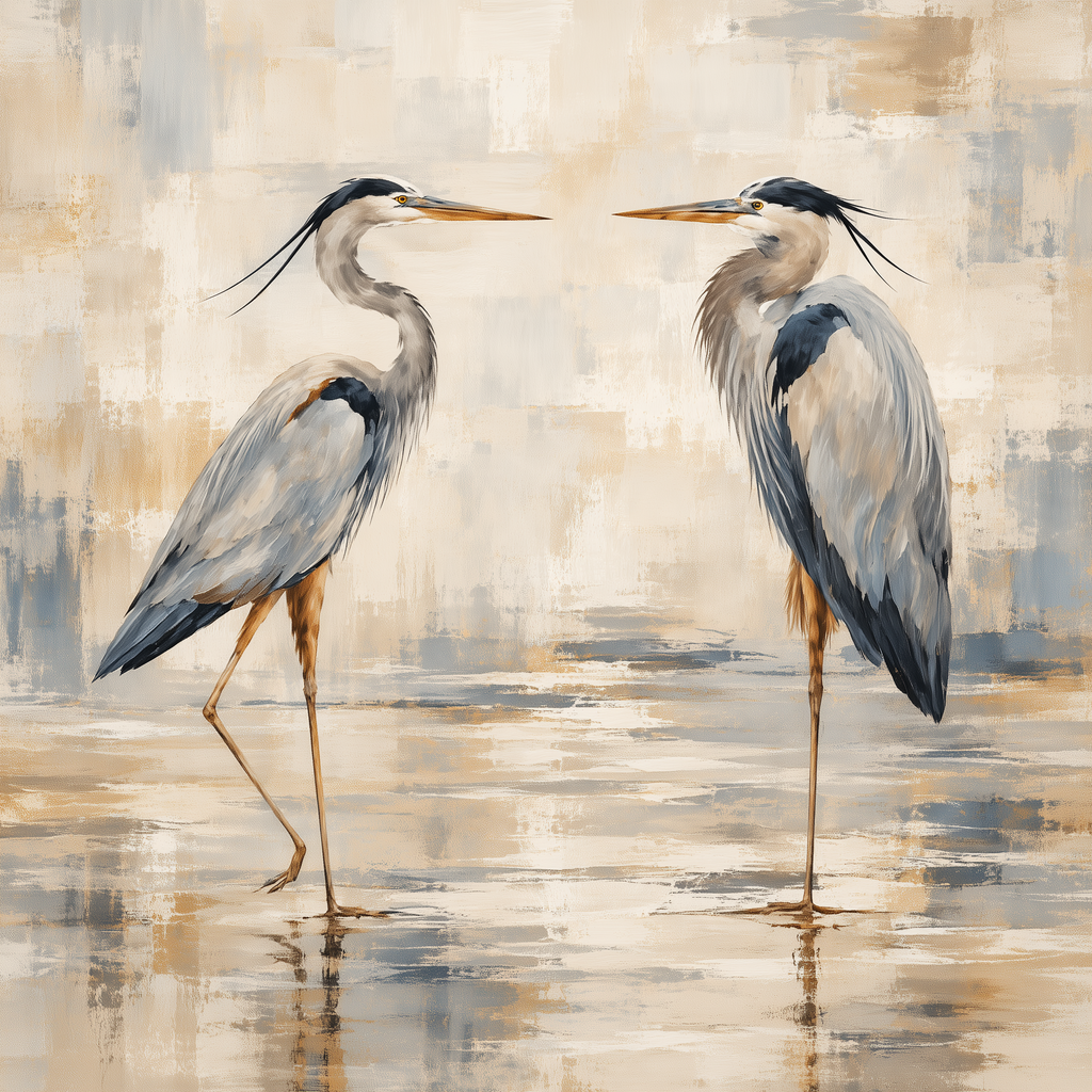 Blue Heron Pair Wall Art – Neutral Coastal Bird Canvas