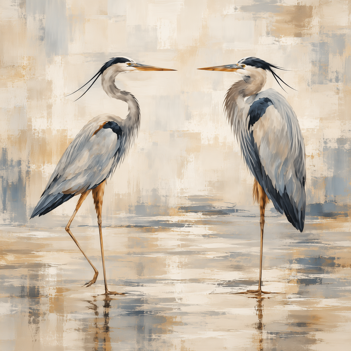 Blue Heron Pair Wall Art – Neutral Coastal Bird Canvas