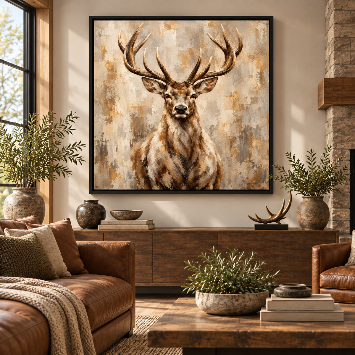 Stag Wall Art – Neutral Rustic Deer Canvas