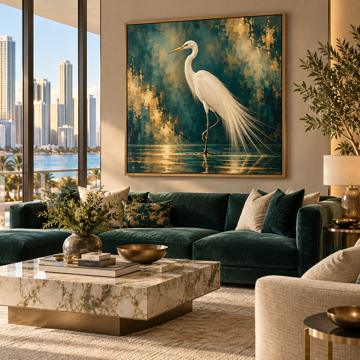 White Egret Wall Art – Teal & Gold Bird Canvas