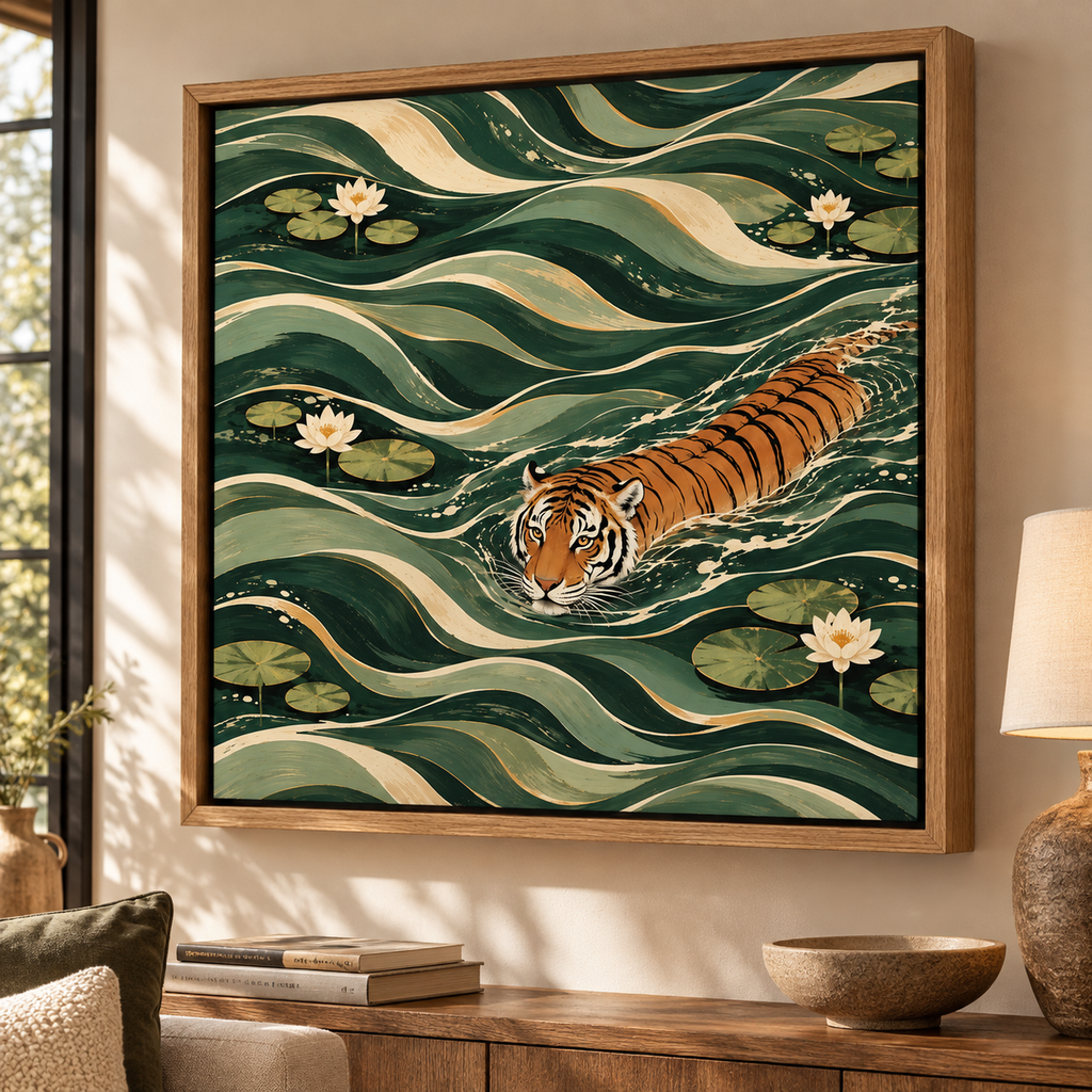 Swimming Tiger Wall Art – Green Botanical Wildlife Canvas