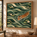 Swimming Tiger Wall Art – Green Botanical Wildlife Canvas