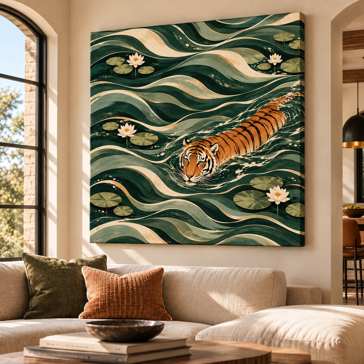 Swimming Tiger Wall Art – Green Botanical Wildlife Canvas