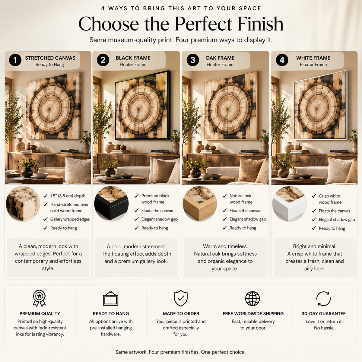 Tree Ring Wall Art – Neutral Abstract Wood Grain Canvas