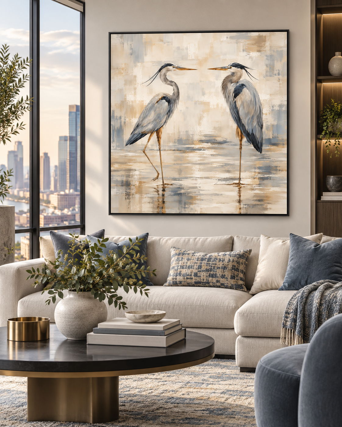 Blue Heron Pair Wall Art – Neutral Coastal Bird Canvas