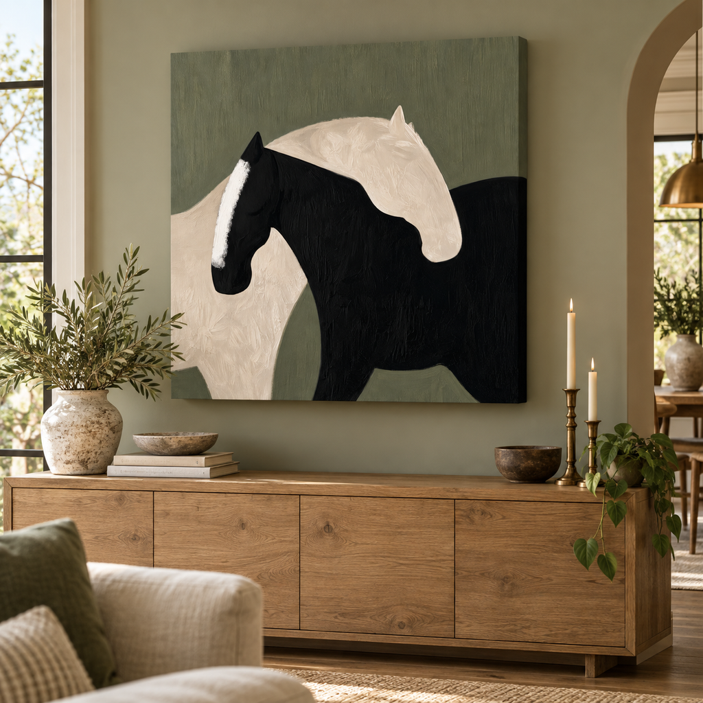 Two Horses Wall Art – Black & White Abstract Canvas Print