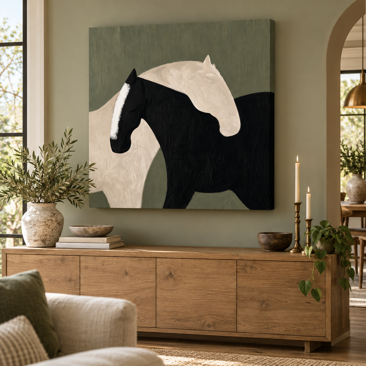 Two Horses Wall Art – Black & White Abstract Canvas Print