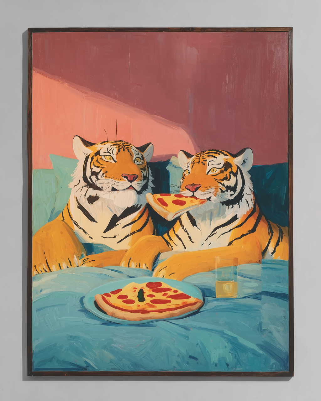 Two Tigers Eating Pizza Canvas Wall Art – Quirky Animal Decor-Pizza Night Tigers