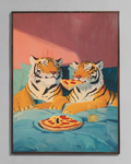 Two Tigers Eating Pizza Canvas Wall Art – Quirky Animal Decor-Pizza Night Tigers