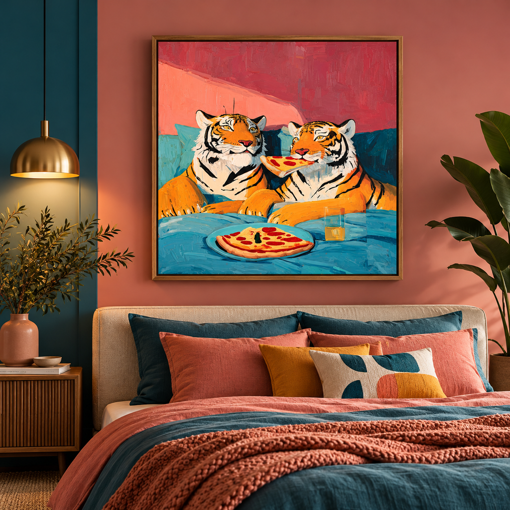 Funny Tiger Wall Art – Two Tigers Eating Pizza Canvas Print