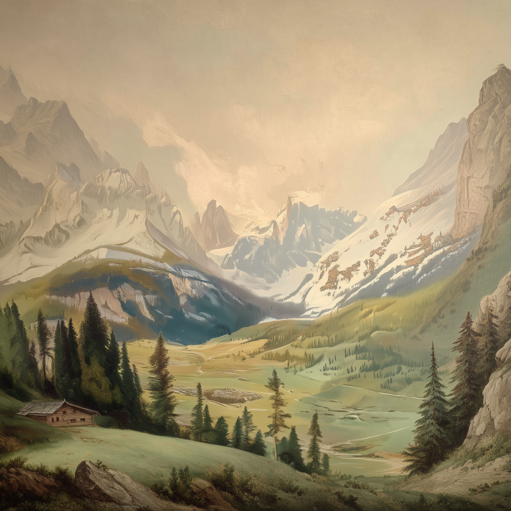 Vintage Alpine Mountain Landscape Canvas Wall Art — Rustic Cabin & Nature Decor