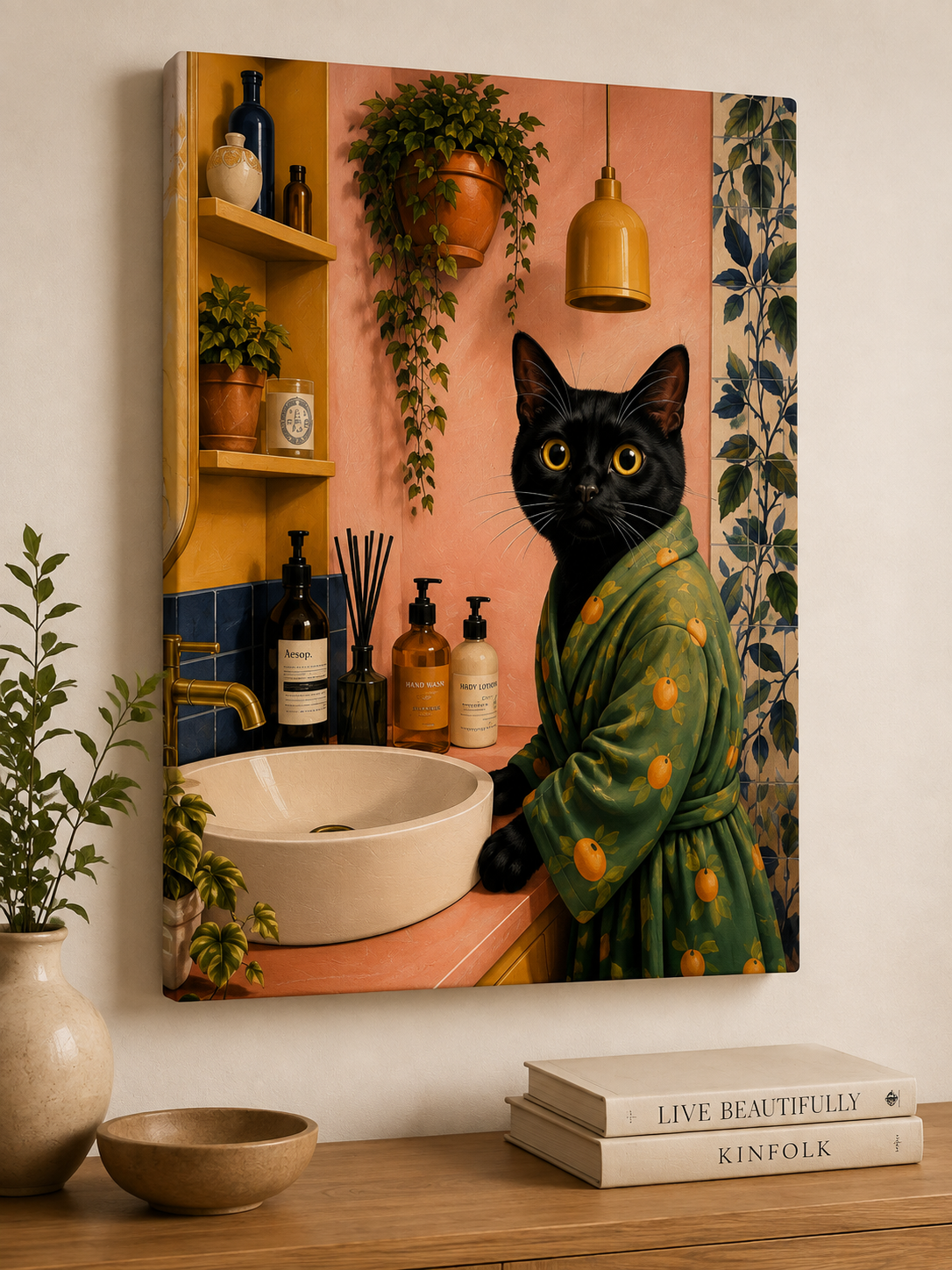 Black Cat Bathroom Wall Art – Quirky Vintage Cat Canvas Painting
