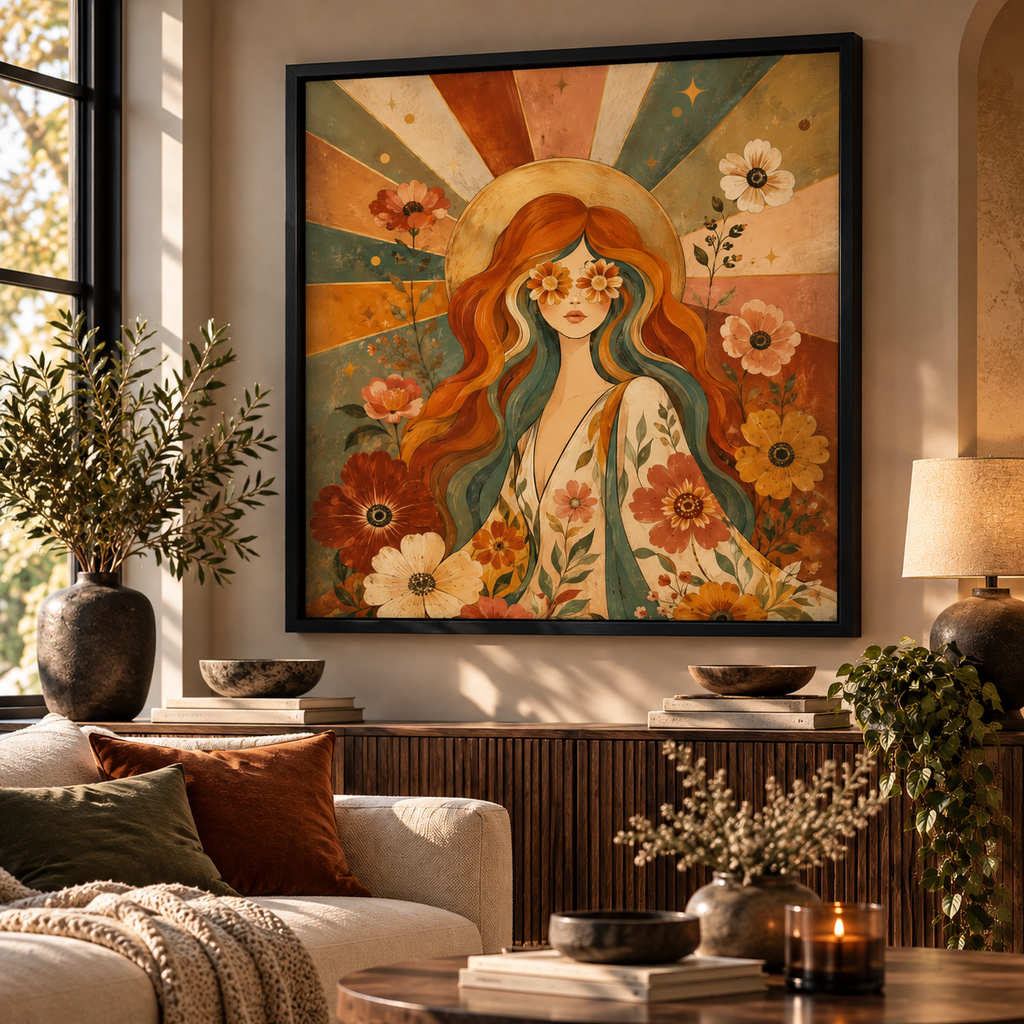 70s Floral Woman Canvas Wall Art – Retro Boho Portrait Print-Floral and Botanical Wall Art