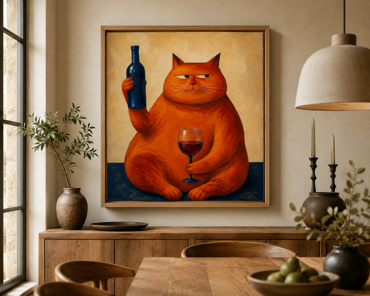 Orange Cat Wine Wall Art – Funny Vintage Cat Canvas for Kitchen & Home Bar-“I’ve had a long day, pour the wine”