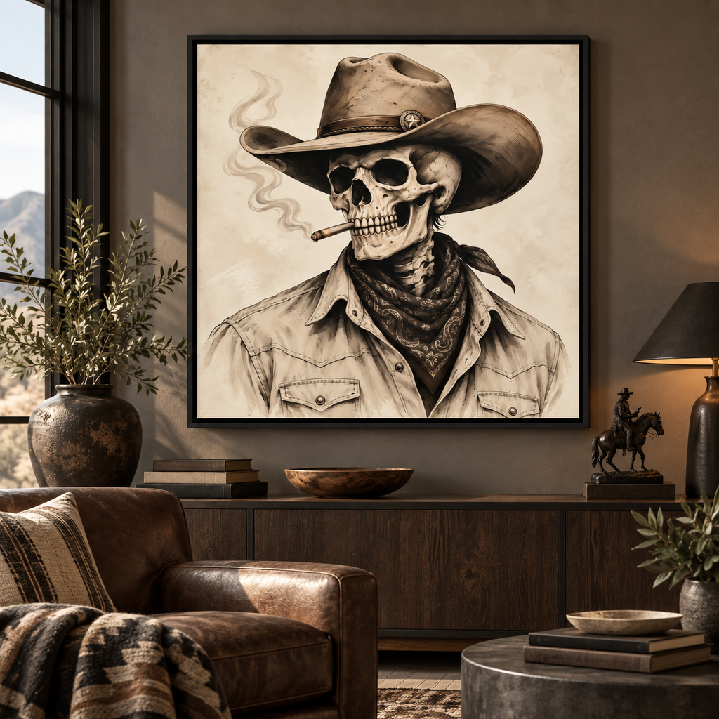 Skeleton Cowboy Wall Art – Vintage Western Skull Canvas